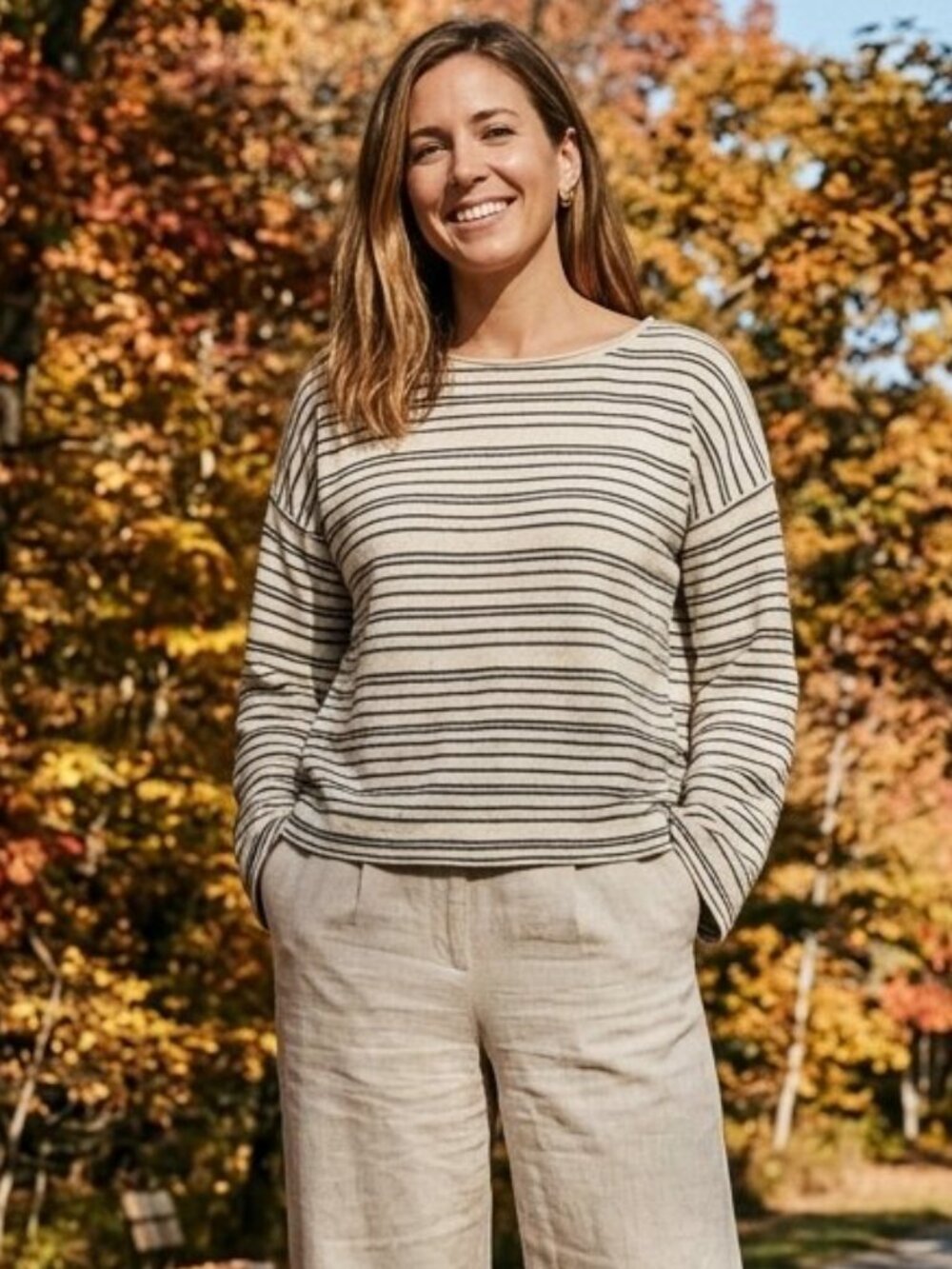 Eileen Fisher Black Cream Organic Cotton Wool Blend Boatneck Striped Top 3396